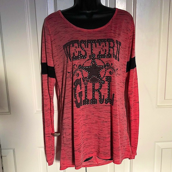 Daytrip Tops - DAYTRIP 🤠 EMBELLISHED “WESTERN GIRL” CORAL-RED LONG SLEEVE TSHIRT Women’s XL